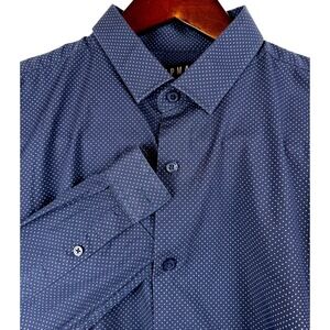 Topman Muscle Fit Navy Blue Ditsy Dot Long Sleeve Button Down Shirt Men's‎ L